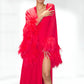 Red Plunge Chiffon Gown with Feather Sleeeves