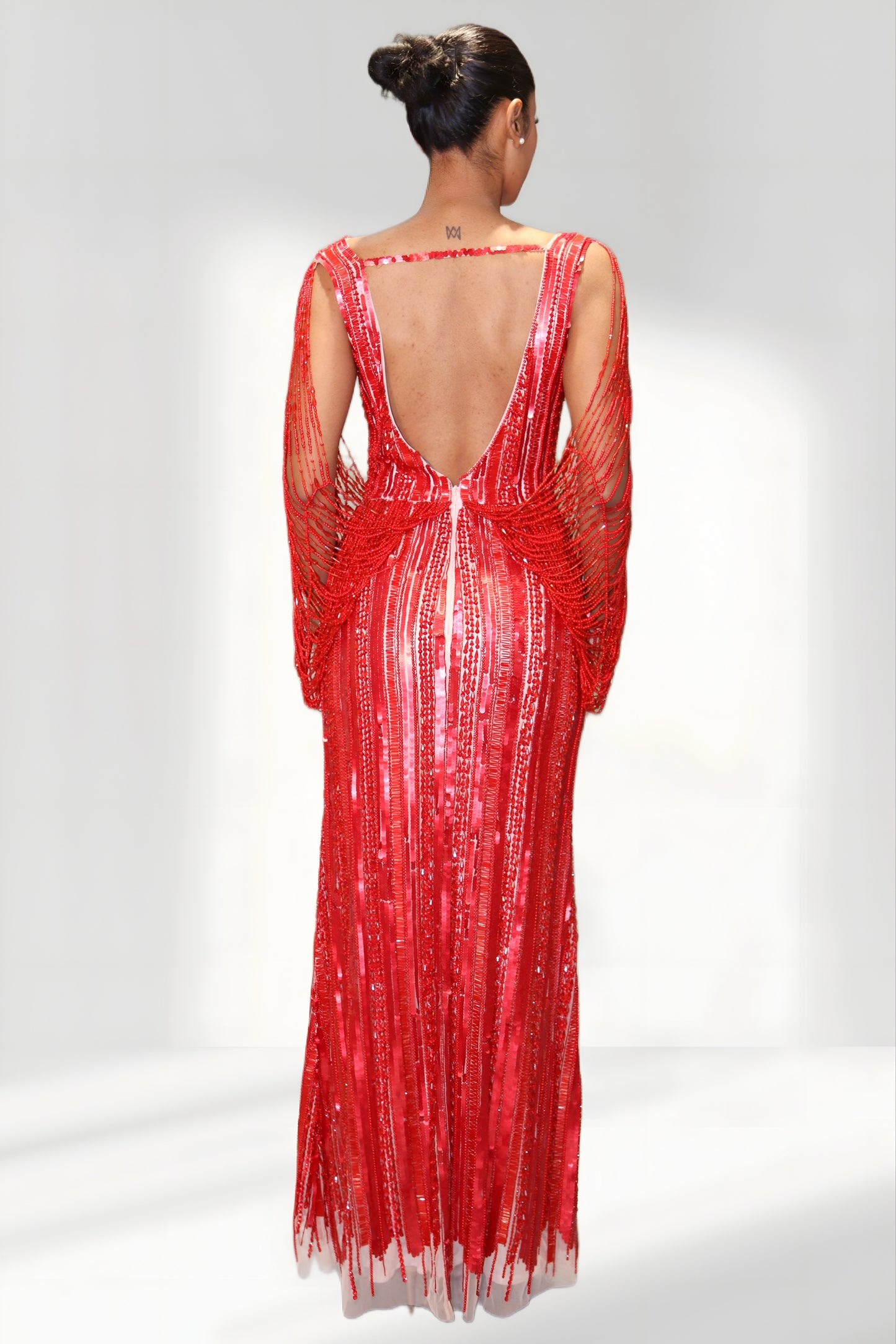 Red Beaded Fringe Gown