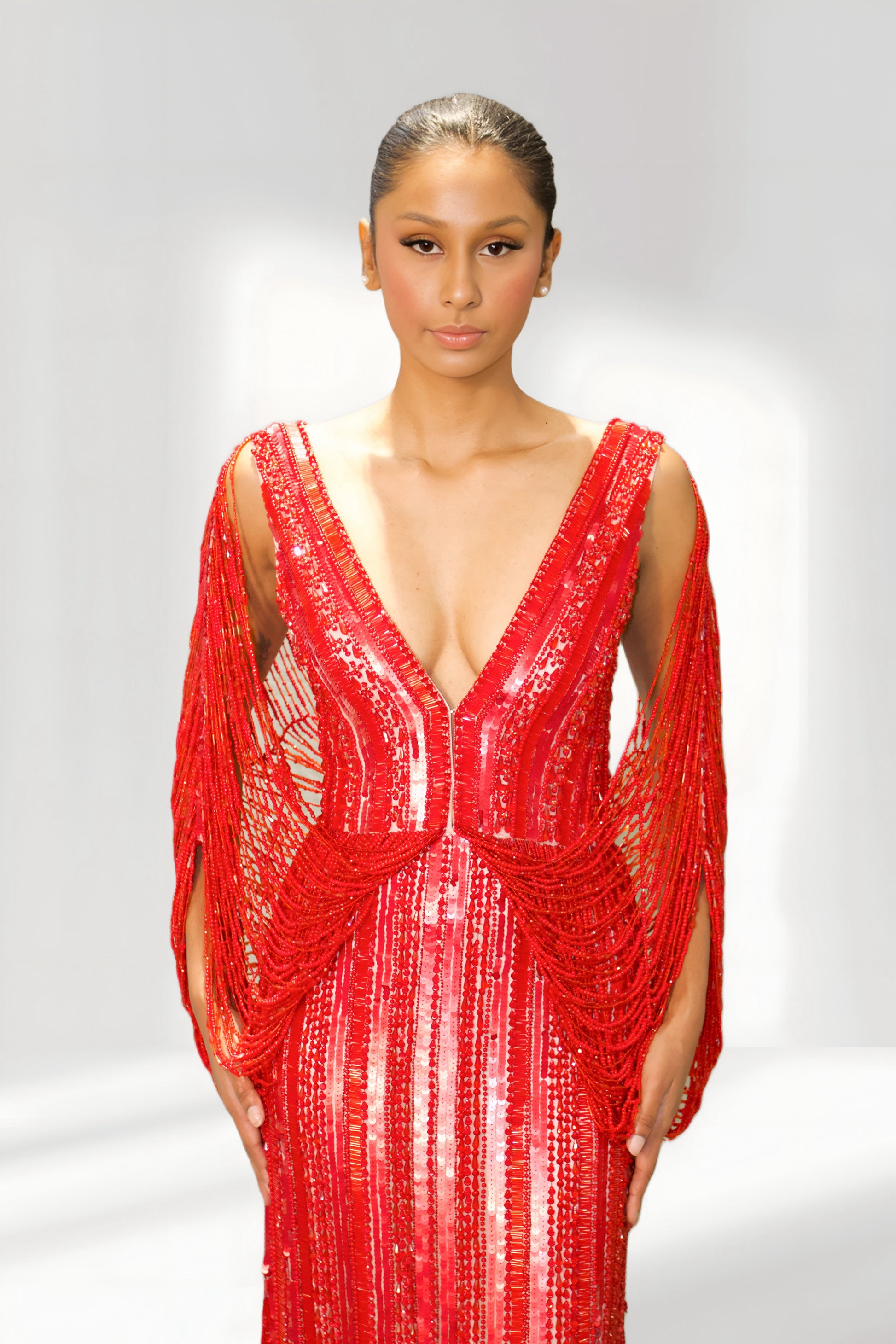 Red Beaded Fringe Gown