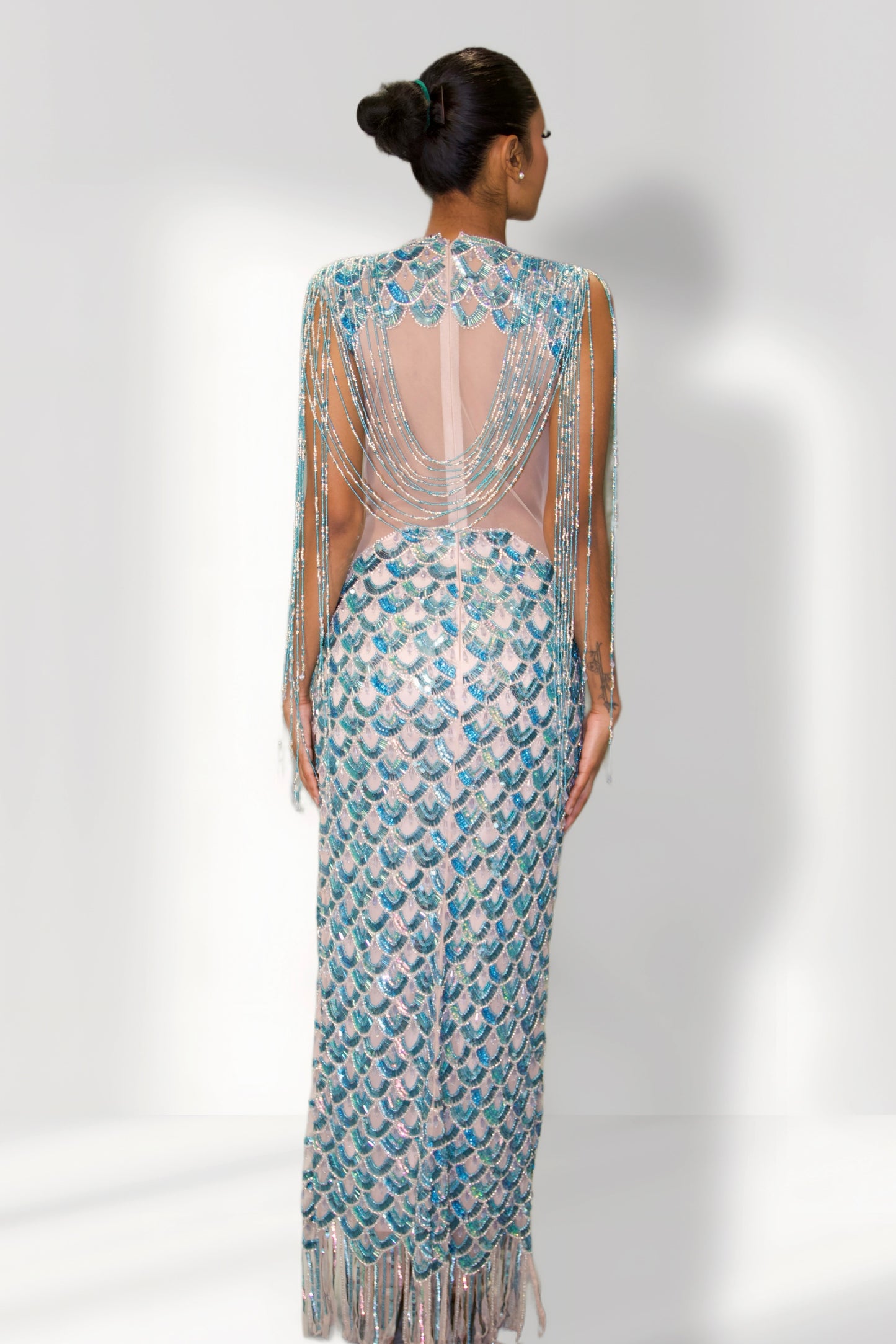 Blue Beaded Fringe High-Slit Gown