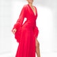 Red Plunge Chiffon Gown with Feather Sleeeves