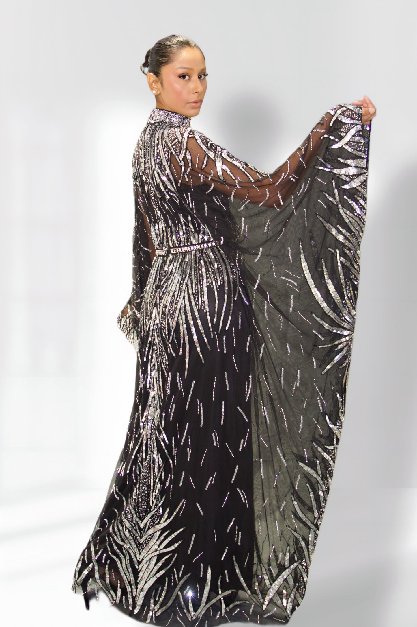 Black Sequin and Bead Kaftan Gown