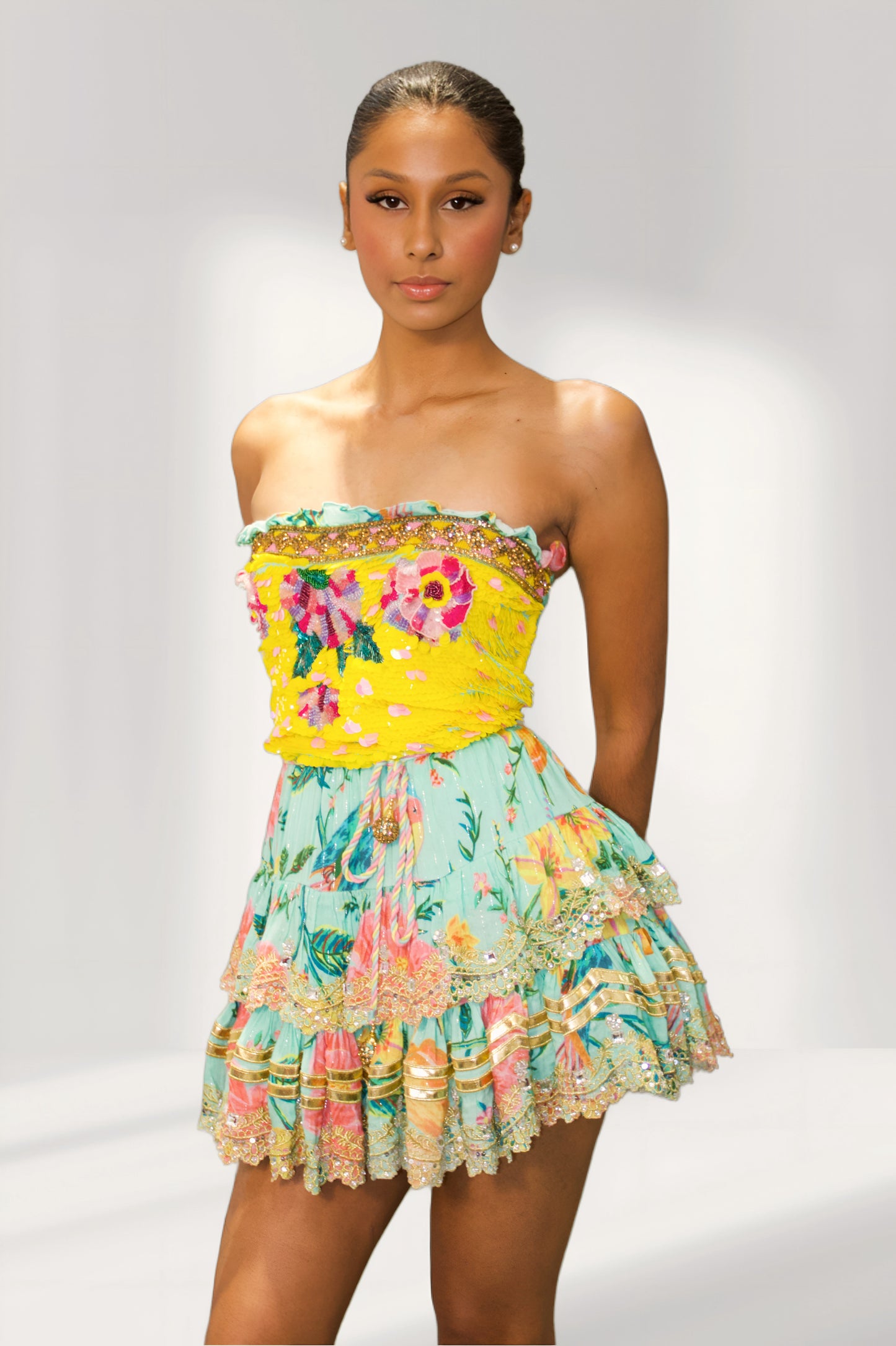 Yellow Floral Strapless Mini Dress