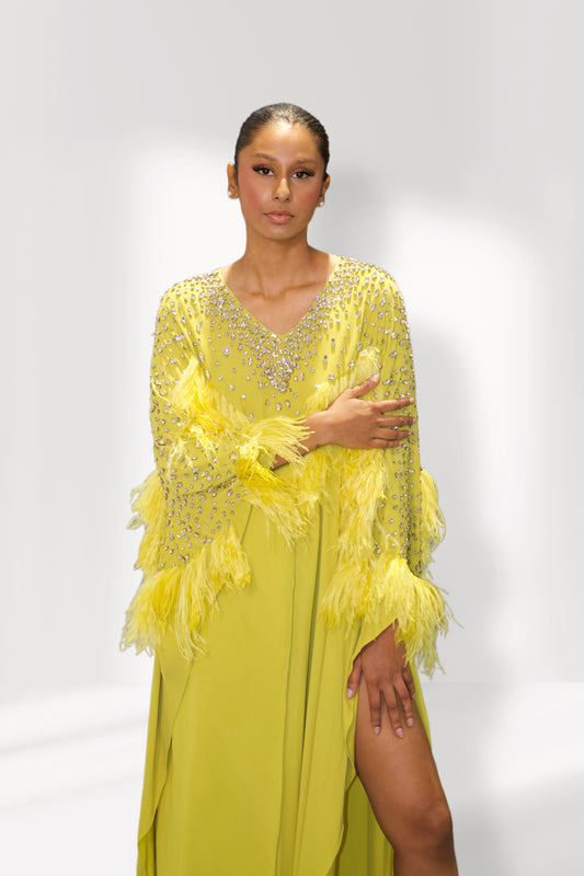Citrus Green Feather and sequin Maxi Kaftan