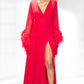 Red Plunge Chiffon Gown with Feather Sleeeves