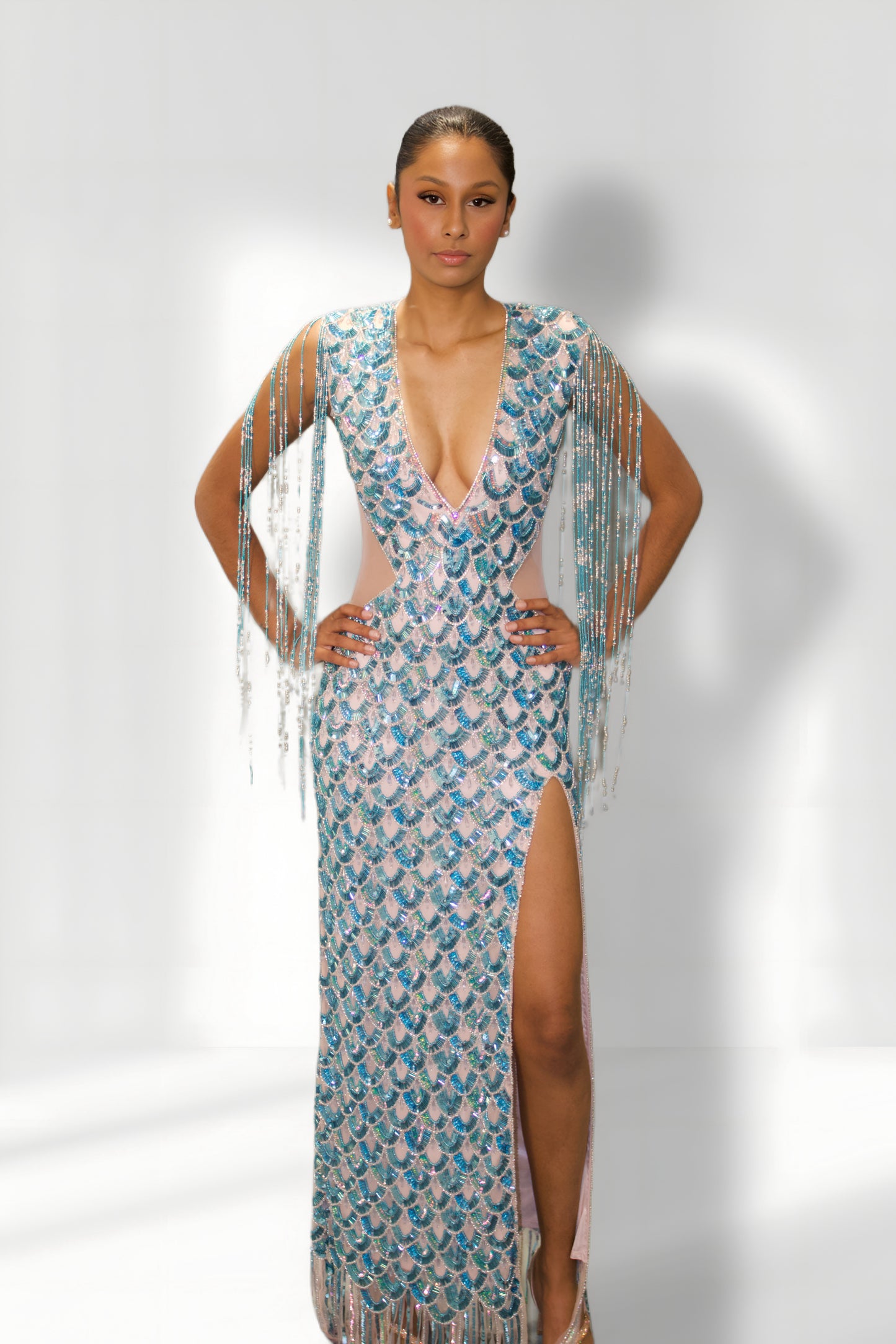 Blue Beaded Fringe High-Slit Gown