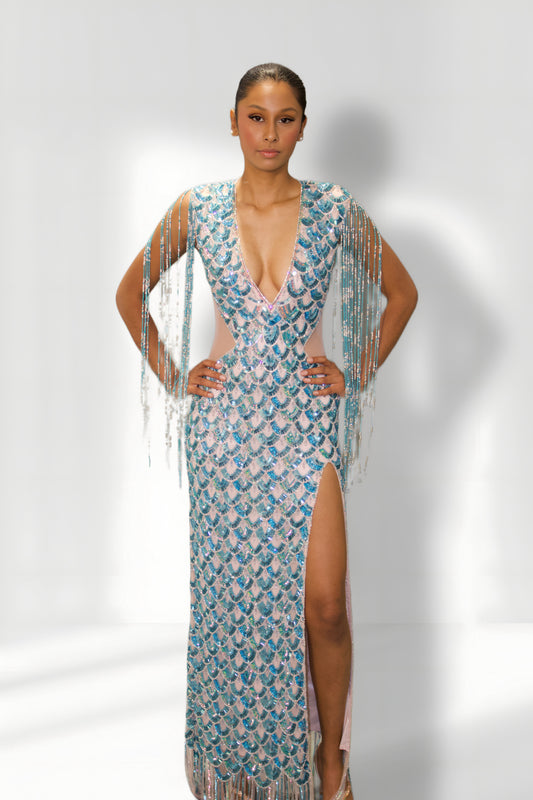 Blue Beaded Fringe High-Slit Gown