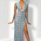 Blue Beaded Fringe High-Slit Gown