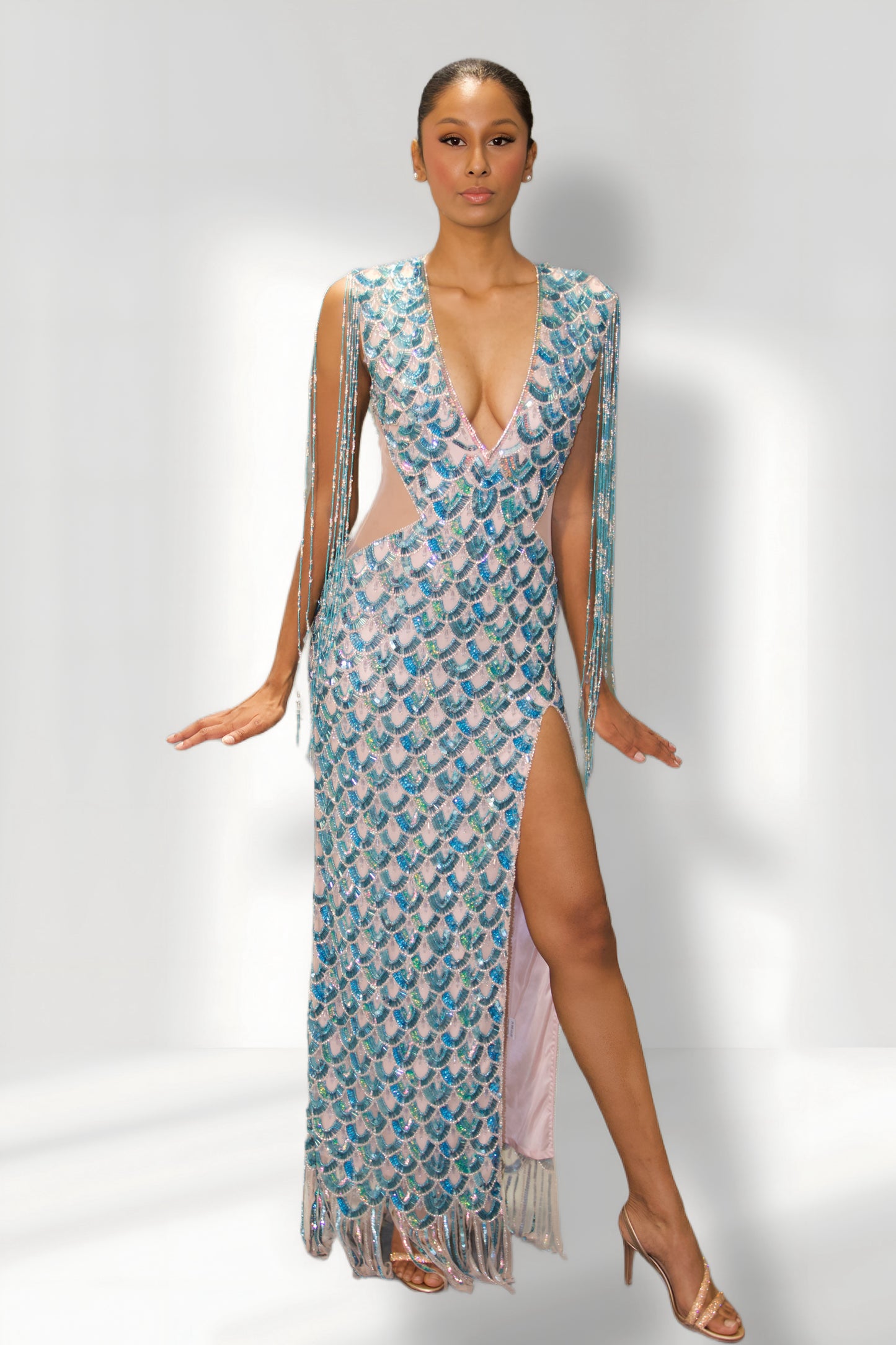 Blue Beaded Fringe High-Slit Gown