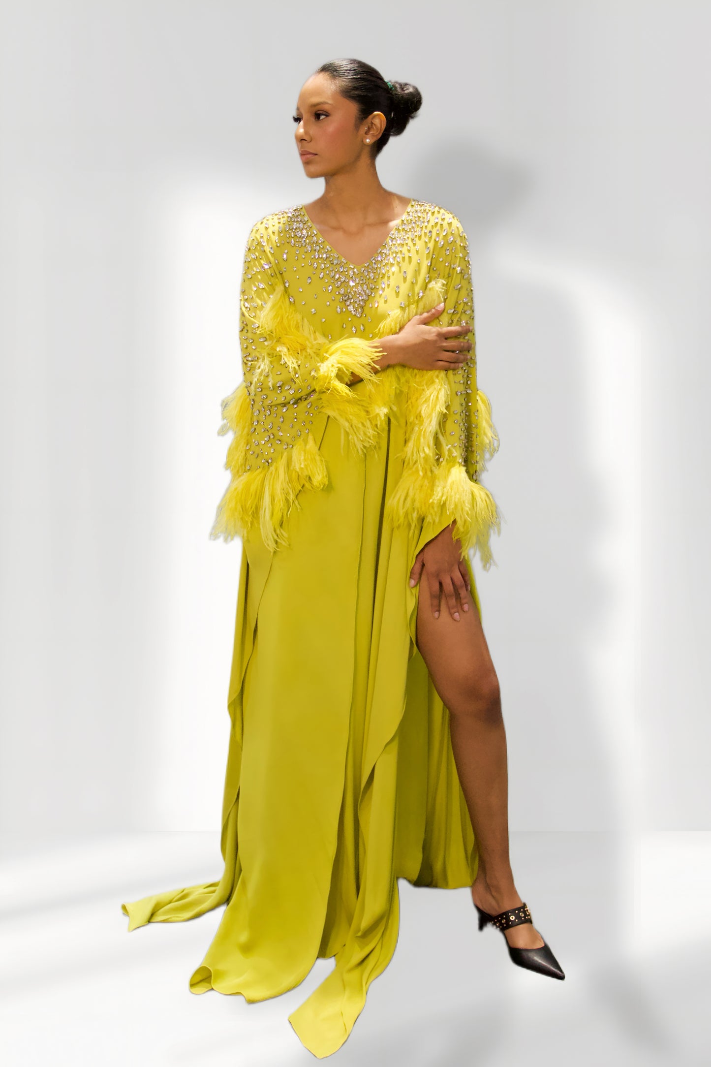 Citrus Green Feather and sequin Maxi Kaftan