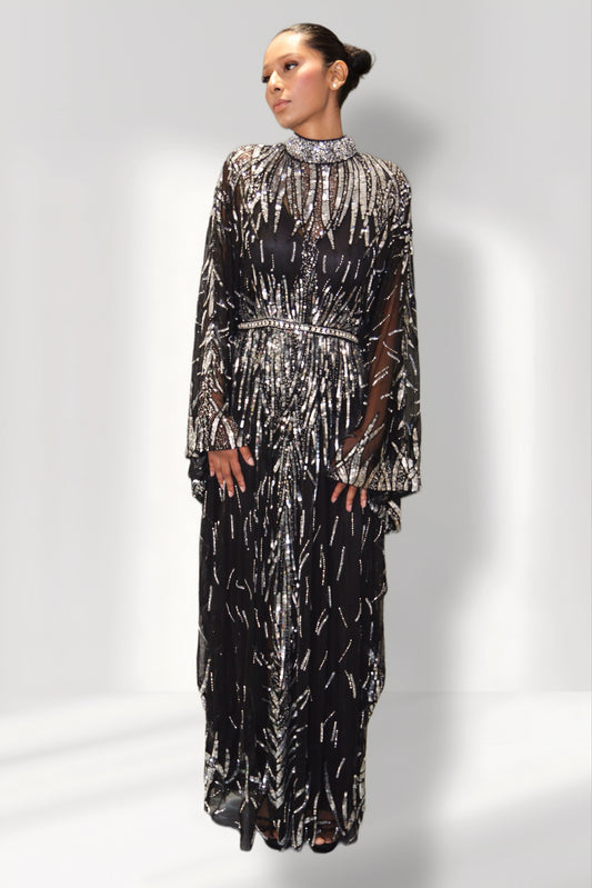 Black Sequin and Bead Kaftan Gown
