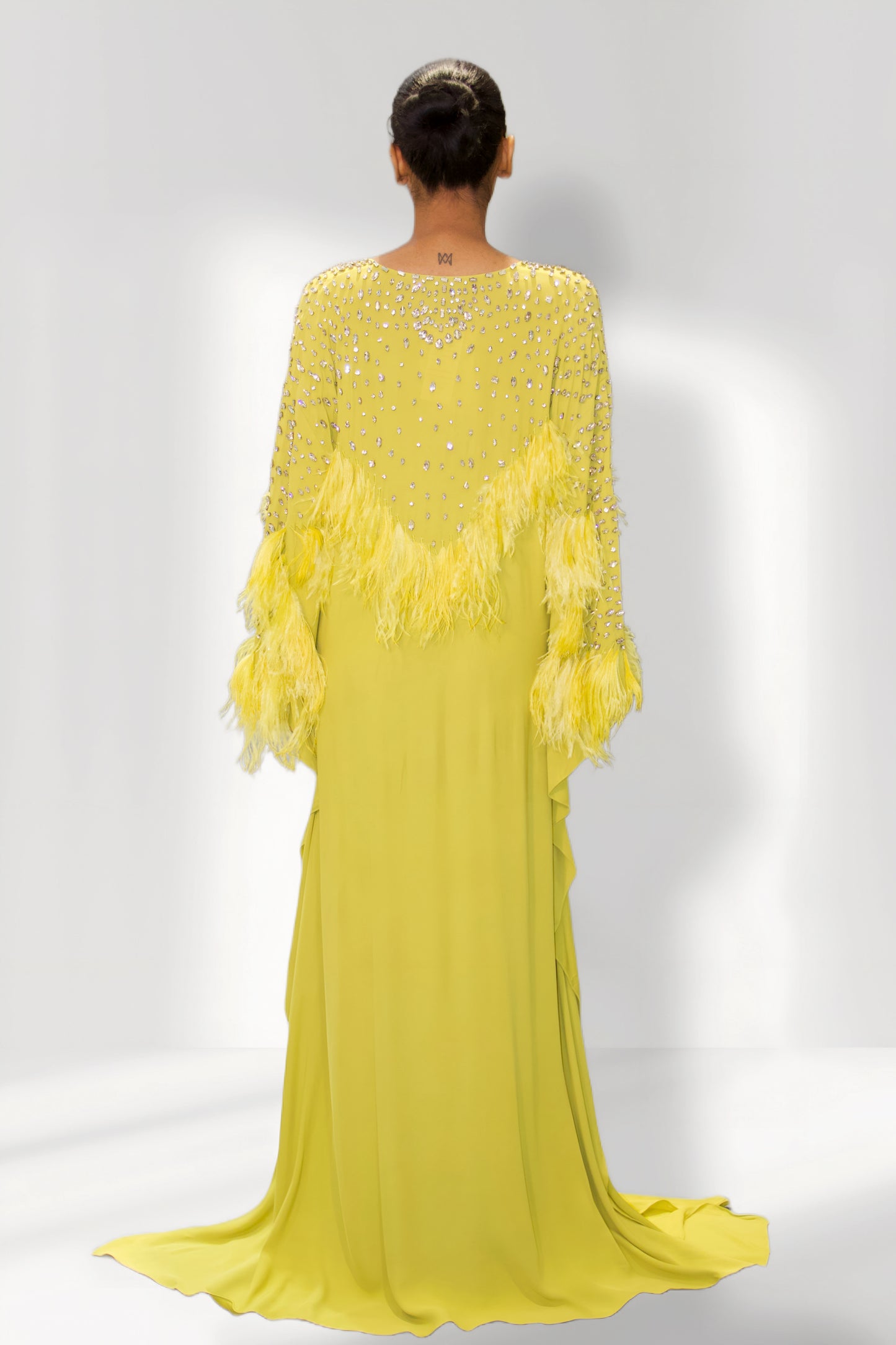 Citrus Green Feather and sequin Maxi Kaftan