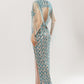Blue Beaded Fringe High-Slit Gown