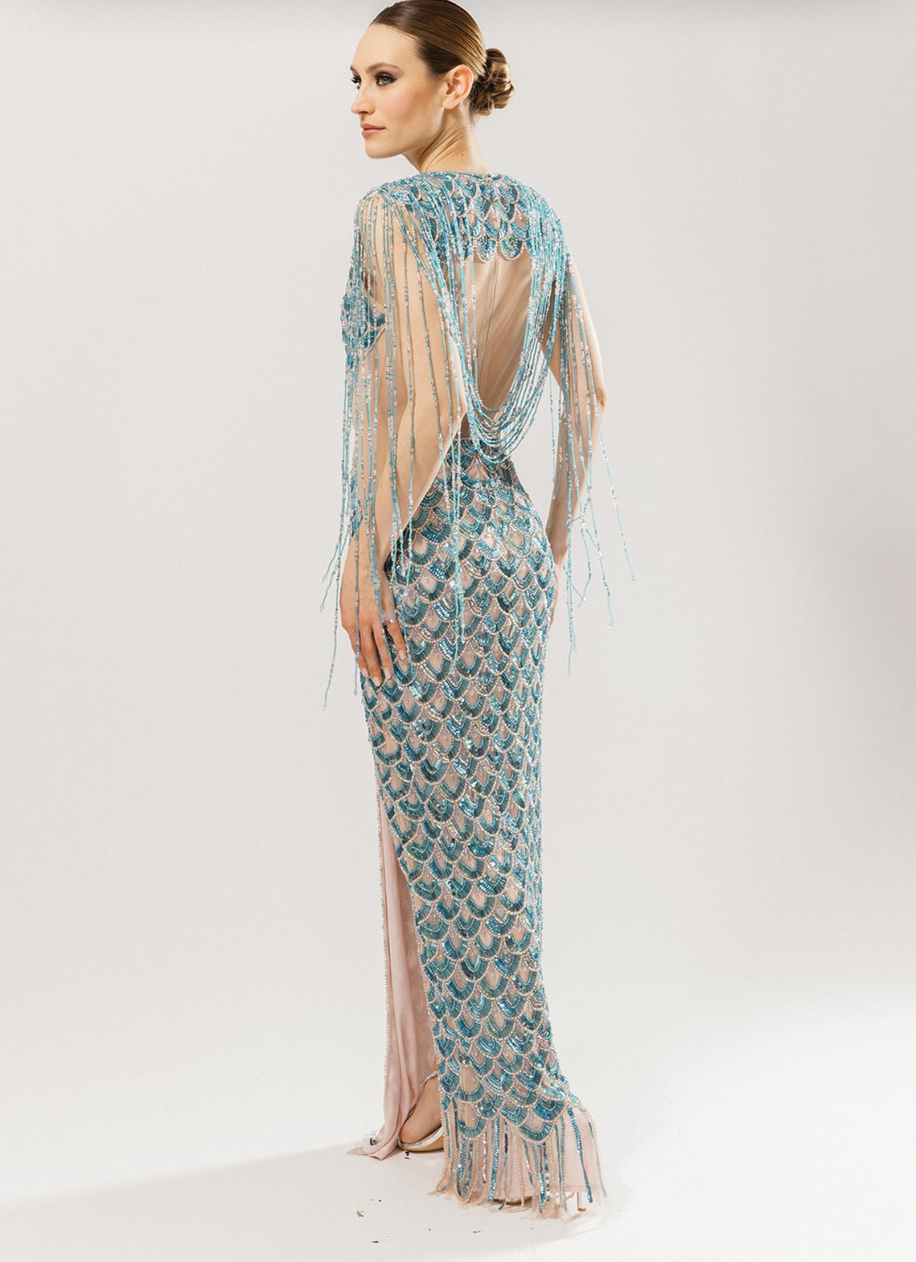 Blue Beaded Fringe High-Slit Gown