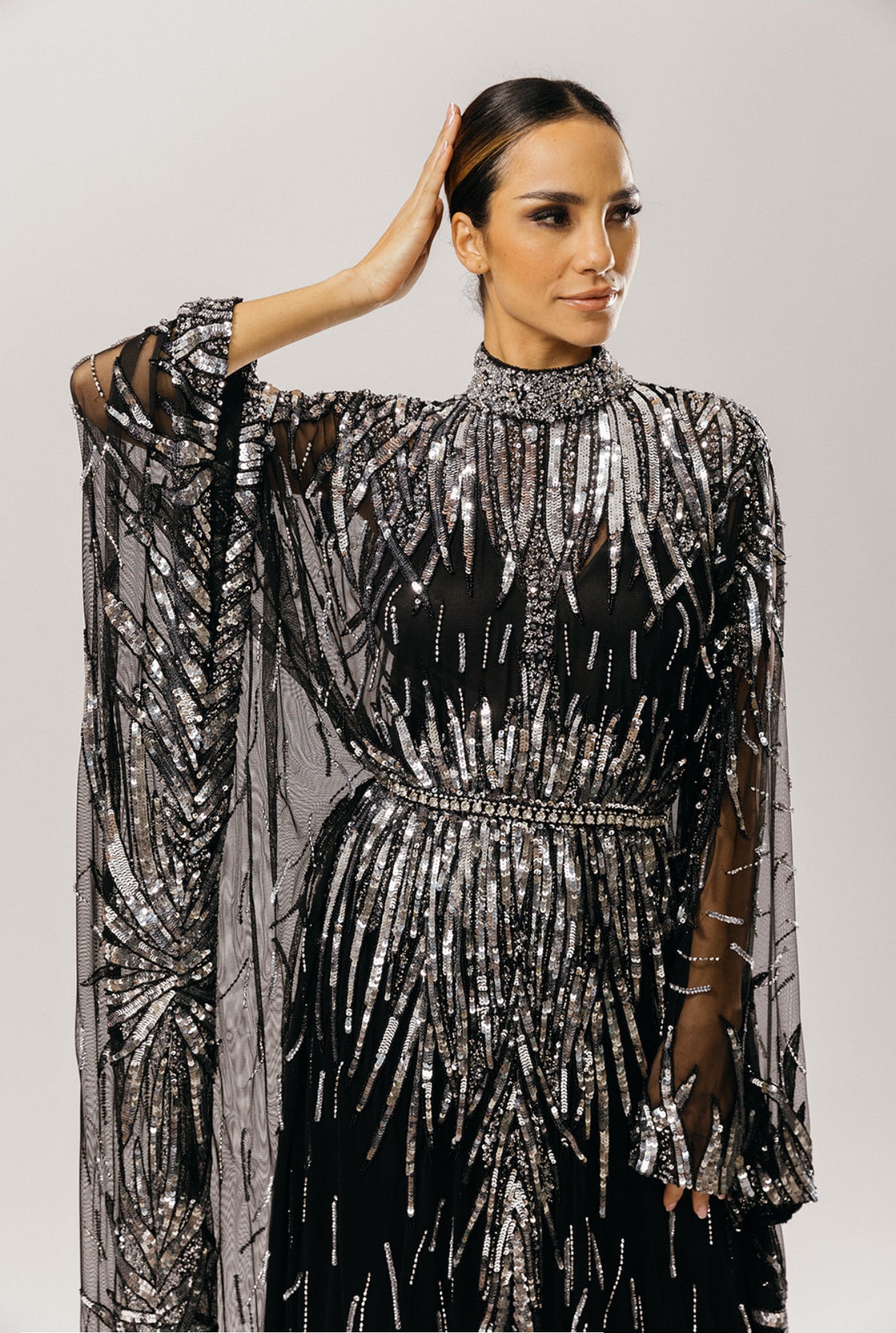 Black Sequin and Bead Kaftan Gown