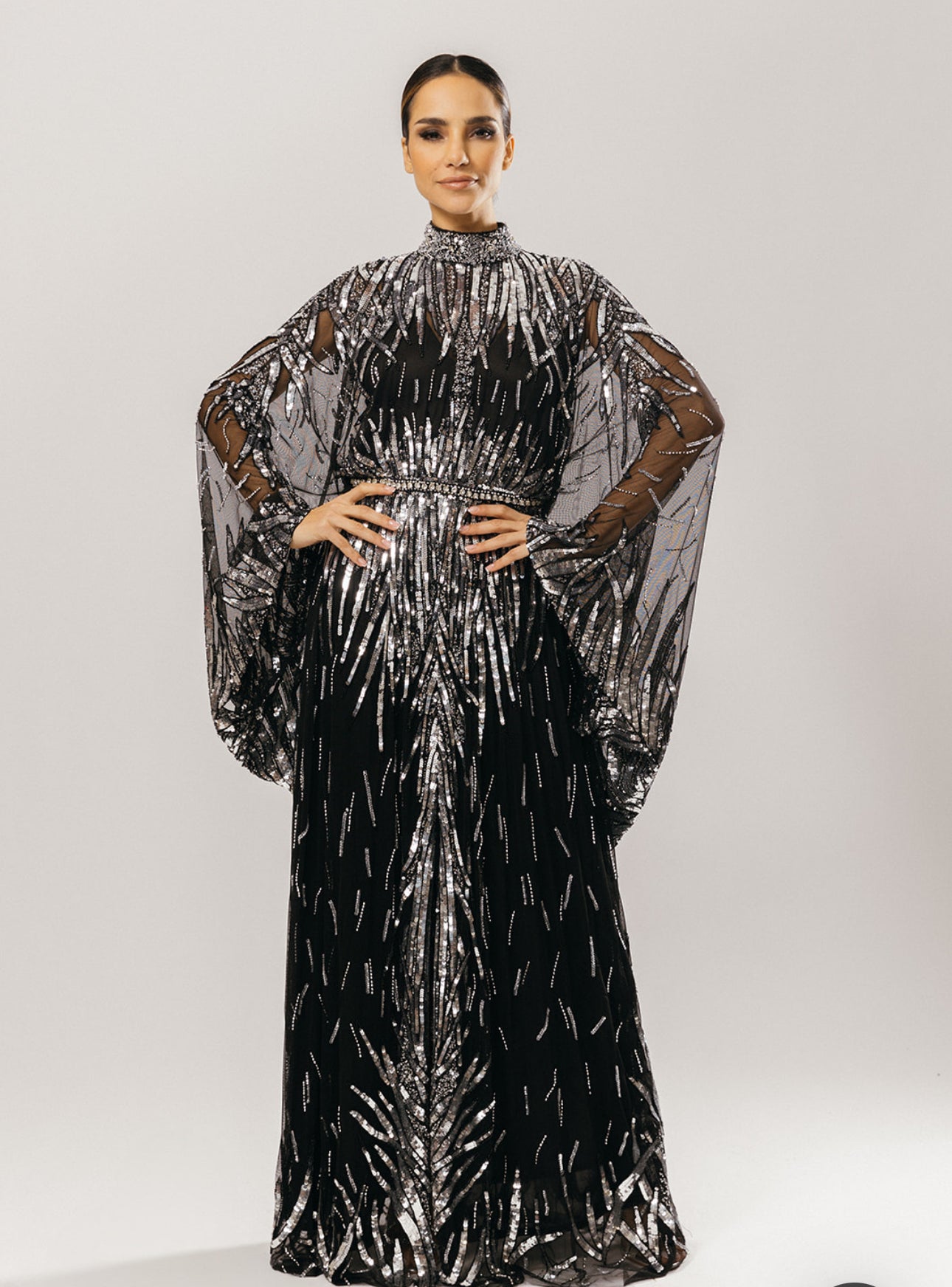 Black Sequin and Bead Kaftan Gown