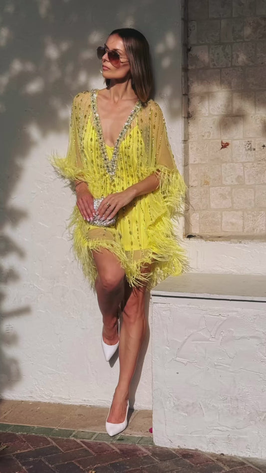 Fiona Yellow Feathered Dress